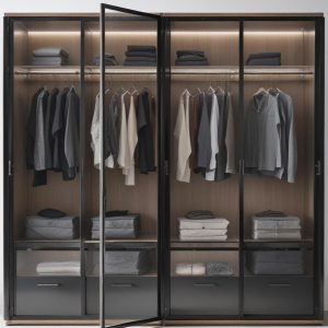 Dark Wardrobe – Armadio guardaroba componibile ante in vetro battente – su misura illuminazione led colore nero e rovere