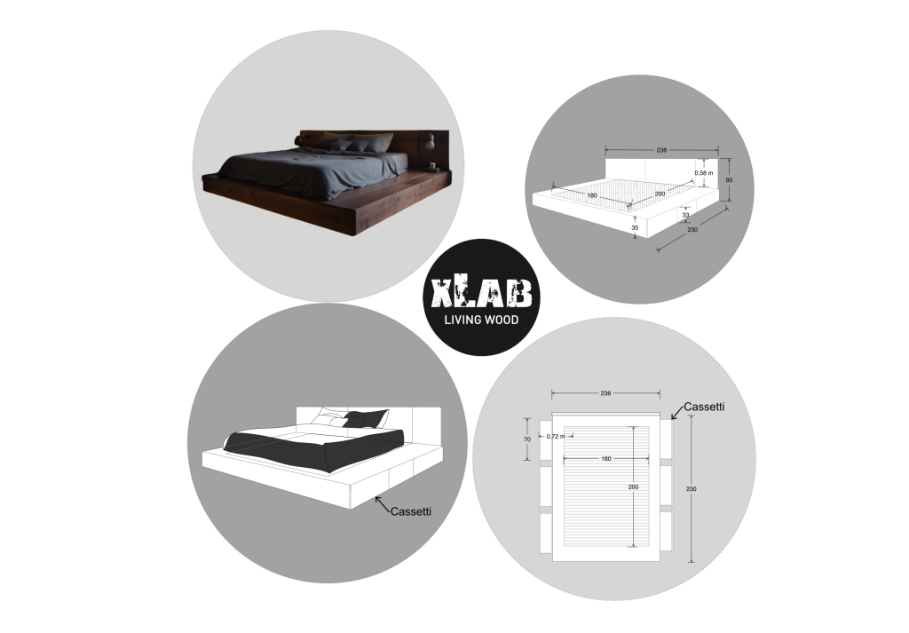 Letto in legno con cassetti e contenitore