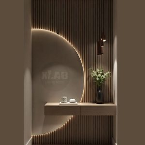 Mobile da ingresso, listelli di legno Rovere, specchio e cassetti – design moderno