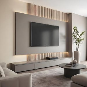 Mobile parete attrezzata porta TV da design moderno, colore grigio e listelli di legno, colore naturale