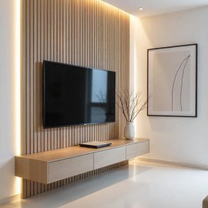 Parete attrezzata, porta TV, listelli di legno, cassetti sospesi