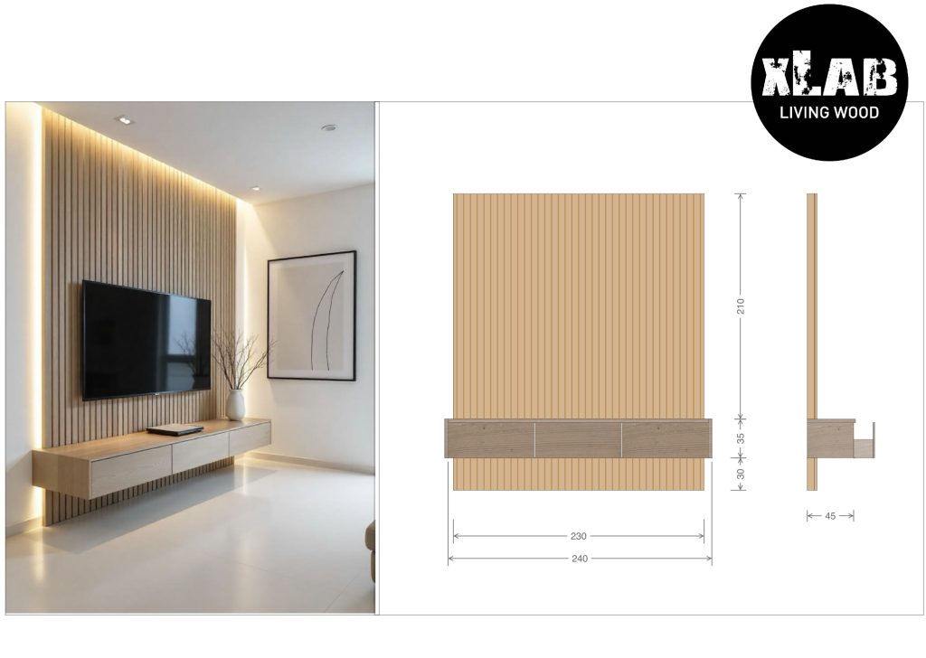 Scheda tecnica parete soggiorno porta TV, listelli di legno, cassetti rovere