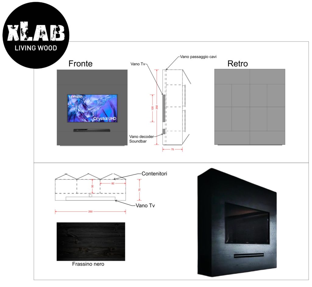 Mobile porta TV parete divisoria in legno nero