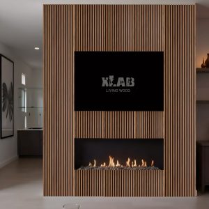 Mobile porta TV bifacciale con camino elettrico e listelli di legno, colore rovere