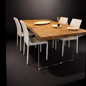 Tavolo in Legno Massello con Gambe in Cristallo Trasparente – Design Artigianale Unico | XLab Design