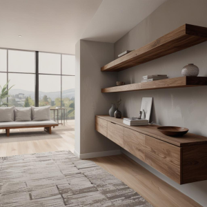 Mobile Soggiorno Sospeso Moderno in Legno di Castagno con Finitura Teak – 240 X 50 cm Cassetti e Mensole