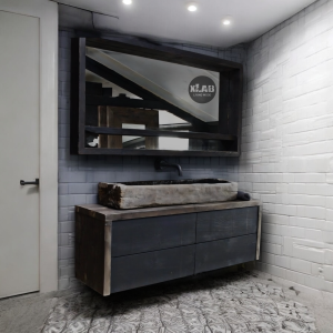 MOBILE BAGNO IN LEGNO MASSELLO  STILE RUSTICO INDUSTRIALE FINITURA ANTRACITE SPECCHIO PORTAOGGETT  CASSETTI CAPIENTI – HARDWOOD X