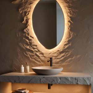 Piano Lavabo Materico “CRETA” – L 140 x 50 x 15  effetto intonaco cementizio bianco crema