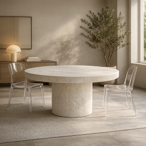 Tavolo rotondo in micro cemento effetto pietra colore crema diametro 140 cm artigianale