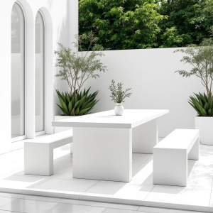 Tavolo in Microcemento Bianco 180×100 per Esterni con Panche | Design Pulito XLab Outdoor