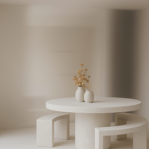 Tavolo rotondo Round 160 effetto cemento con 2 panche abbinate | Design per Interni ed Esterni