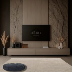 Parete Porta TV Design Artigianale in Rovere Naturale con Decorazione Effetto Pietra Cementizia