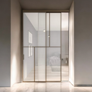 Porte Scorrevoli Design in Ferro Oro con Vetro Effetto Lino – Binario a Soffitto | 160×280 cm