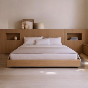 Letto contenitore in rovere con testiera attrezzata illuminata – Modello “Arkos”
