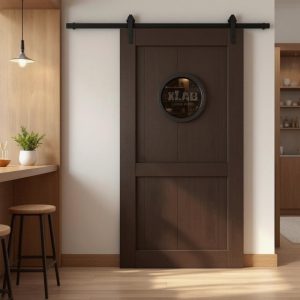 Porta scorrevole esterno muro barndoor “Adele Oblò” in legno e binario in ferro