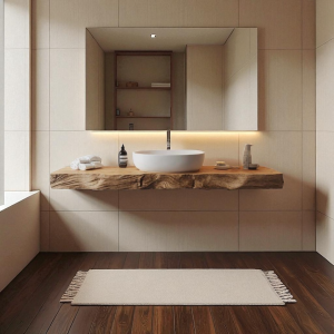 Mensola da bagno in legno massello di castagno 130×50 cm bordo rustico naturale per lavabo d’appoggio