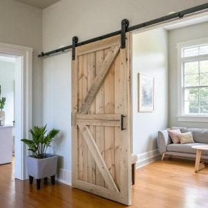 Porta scorrevole bar door in legno massello di larice rustico – 100 x 200 con binario in ferro