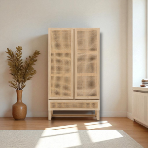 Credenza verticale in legno massello di tiglio e paglia di Vienna – 90x40x180 cm – Stile nordico artigianale