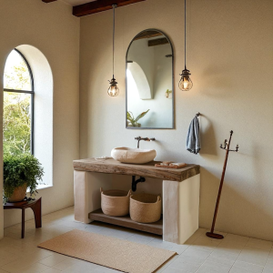 Mobile bagno artigianale in legno massello e micro cemento – 130×60 cm – Design rustico unico su misura