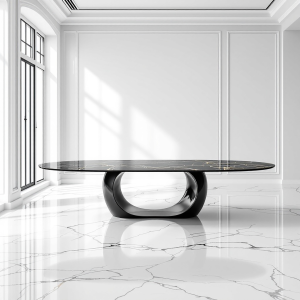 Tavolo ovale Eclipse 250×115 cm – Grès nero venato bianco, design di lusso artigianale