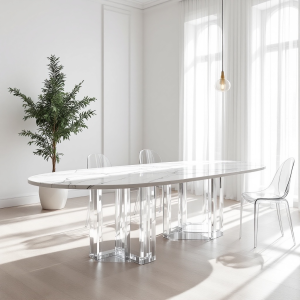 Tavolo da pranzo di lusso Aurora Breach – Piano in Gres porcellanato e gambe in Plexiglas trasparentE