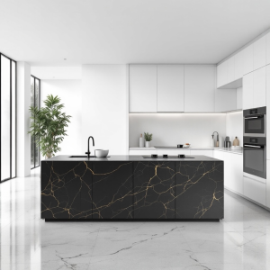 XLab Stone Kitchen – Nyx | Isola cucina di lusso in gres porcellanato Florim Stone Shara Noir nero lucido con venature oro