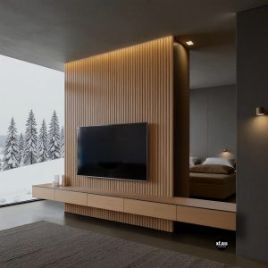 Mobile porta TV in legno di rovere con pannello listellato – design moderno