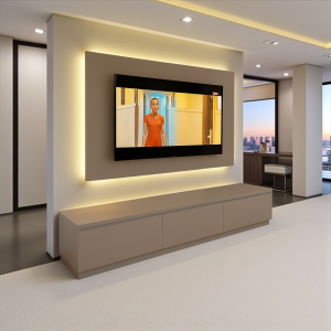 Parete attrezzata porta TV moderna con boiserie in legno e mobile soggiorno laccato RAL 7032