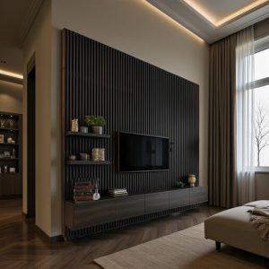 Parete attrezzata porta TV a listelli di legno verticali moka – Nadir