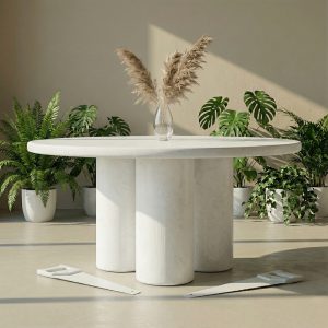 Tavolo da Pranzo in Microcemento Bianco 120 cm con Tre Gambe Cilindriche – Design Artigianale
