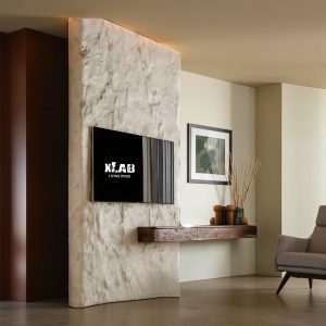 Monolite Rock Living – Parete Porta TV effetto pietra scolpita con piano sospeso in legno antico