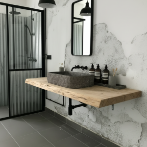 Mensola da bagno in legno massello di castagno 130×50×6 cm con bordo rustico – Stile industriale