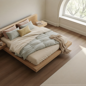 Kyoto 180 – Letto King Size in Rovere con Mensole Sospese e Rete in Legno