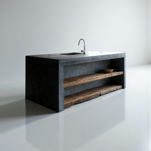Isola Cucina in Microcemento Nero Grafite – Monoblocco Artigianale con Mensole in Legno Massello