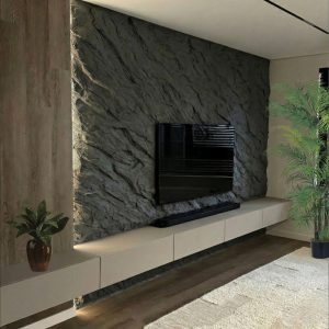 Parete Attrezzata Soggiorno di Lusso – Mobile TV Sospeso con Parete Effetto Roccia Lavica Artigianale