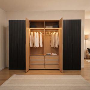 Armadio Design 400cm con Ante a Listelli in Legno Massello Nero – Struttura Rovere