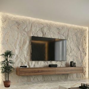 Parete attrezzata porta TV con pannelli decorativi effetto roccia realistica