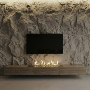 Parete Attrezzata Design “Stone & Wood”: Mobile Sospeso in Noce con Rivestimento Scenografico Effetto Roccia