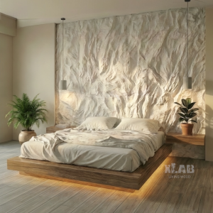 Letto Matrimoniale king-size  in Legno Massello e Parete Scultura Effetto Roccia.