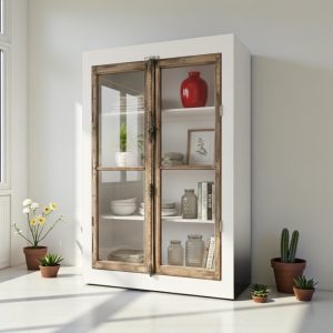 Vetrina Design 120×220 cm in Microcemento Bianco e Legno Vintage