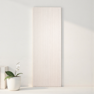 Porta scorrevole Ghost binario a scomparsa totale listelli di legno verticali bianco