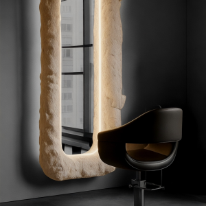 Specchio Scultura per Parrucchieri “Lithos Materia”: Design Unico Effetto Roccia 200×80 cm