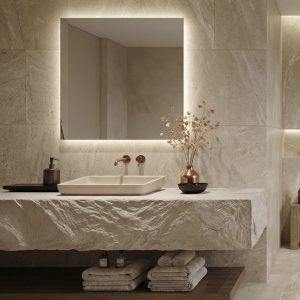 Mensola Lavabo Sospesa Effetto Roccia Bianco Crema – Design Artigianale su Misura