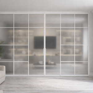 Parete Divisoria in Ferro e Vetro Satinato Bianco 300×270 cm con Porte a Battente Centrali su Misura XLab DESIGN
