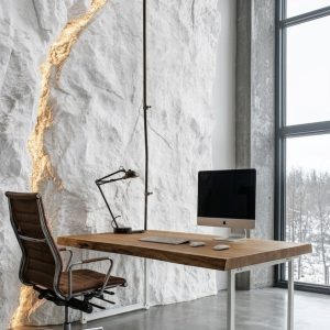 Parete Effetto Roccia con LED Oro + Scrivania Rovere Massello | Studio di Lusso Maiuguali