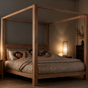 Letto baldacchino in legno massello 180×200 Ares – Letto matrimoniale moderno artigianale in larice finitura rovere naturale
