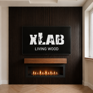 Parete Porta TV con Listelli di Legno Verticali e Camino Integrato – Rivestimento Cannettato Su Misura by XLab DESIGN