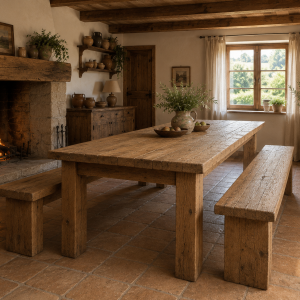 Tavolo Origine 240 in Legno Massello Antico con Panche – 240×110 cm, Trattamento Idro Wood X100