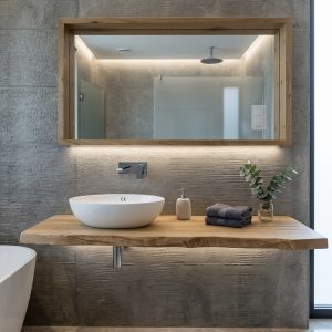 Mensola da Bagno per Lavabo in Appoggio in Legno Massello di Castagno Naturale 120×50 cm – Bordo Rustico Naturale – Fatta a Mano