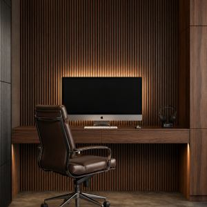 Postazione Smart Working in Noce Canaletto con Scrivania, Boiserie e Contenitore Verticale